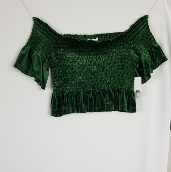 BP Off the Shoulders Green Velvet Crop Top - Picture 2 of 8